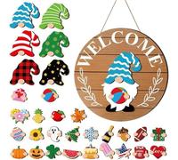 Gnome Welcome Sign, Interchangeable Wooden Decorations, Holiday Decoration Magnetic Bits And Removable Hats, Front Door Wall Christmas Garden Halloween