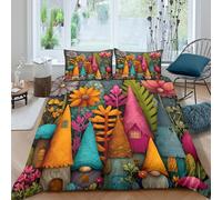 Gnomes 3D Print Duvet Cover Set Doodle Art Garden Soft Microfiber Quilt Cover Hidden Zipper for Kids Girls Teens 3 Pcs Bedding Sets with Pillowcase Double（200x200cm）