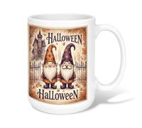 Gnomes Ceramic Coffee Mug, Fanciful Festive Haunted House Leaves Halloween Orange Novelty Tea Cup with Handle Ideal for Friends Family Co-worker Lovers Eldership Senior 15 Oz