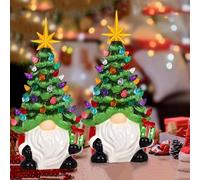Gnomes Christmas Decorations - 8" Lighted Up Gnomes Ceramic Christmas Tree with Multicolored Lights - Mini Pre-lit Hand-Painted Xmas Tree Decor for Home Indoor Table Fireplace
