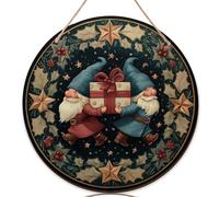 Gnomes Welcome Sign for Front Door, Christmas Festive Stars Holly Christmas Blue Wood Outdoor Welcome Signs for Porch Beautiful Home Decorations Set of 1