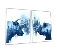 Gnosis Picture Archive Bull and Bear New York City Skyline Abstract Watercolor Navy Blue and White Unframed set of 2 Wall Art Poster, Stock Market Day Trader Stock Broker Office Decor