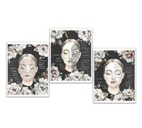 Gnosis Picture Archive Facial Anatomy With Peony Flowers Set of 3 Unframed Art Prints Med spa Esthetician Gift Wall Decor, Beige, white