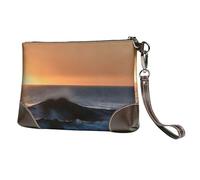 GNQPWEE Genuine Leather Envelope Clutch Handbag Slim Pouch with Wrist Strap Evening Bag Last Sun Rays of Over The Sea Waves Printed