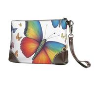 GNQPWEE Genuine Leather Envelope Clutch Handbag Slim Pouch with Wrist Strap Evening Bag Rainbow Butterfly Printed