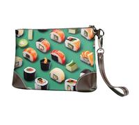 GNQPWEE Genuine Leather Envelope Clutch Handbag Slim Pouch with Wrist Strap Evening Bag Sushi Food Printed