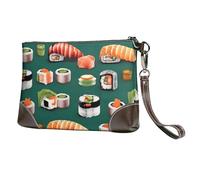 GNQPWEE Genuine Leather Envelope Clutch Handbag Slim Pouch with Wrist Strap Evening Bag Sushi Food Pattern Printed