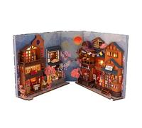 GNURBDILFO 3D Wooden Book Stand Kit, Japanese Tavern Style with LED Light, DIY Miniature Book Nook, Multicolor