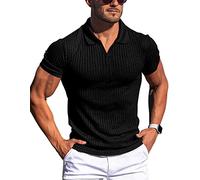 Gnvviwl Men's Muscle V Neck Polo Shirts Slim Fit Solid Short Sleeve Cotton Golf T-Shirts Striped Soft Tees, Black, XL