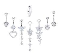 Gnznzko 14G Belly Button Ring Piercing Surgical Steel Clear Pink CZ Clicker Dangling Reverse Navel Rings 10MM Length Hypoallergenic Heart Flower Butterfly Belly Piercing Jewelry for Women Silver Gold