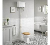 Go Bathrooms High Level Toilet Pull Chain Nickel Brackets | Traditional high-level ceramic WC toilet with pull chain flush system and decorative nickel ornate brackets.