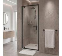 Go Bathrooms Pivot Shower Door 800mm Black Safety Glass | Reversible alcove shower screen door with 6mm toughened safety glass and matt black wall profile.