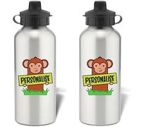 Go Find A Gift Personalised Kids Monkey Aluminium Silver Water Bottle 600ml Back to School Birthdays Christmas