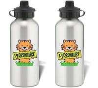 Go Find A Gift Personalised Kids Tiger Aluminium Silver Water Bottle 600ml Back to School Birthdays Christmas