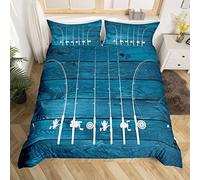 Go Fishing Bedding Set Fishing Line Fish Comforter Cover Fishing Gifts for Men,Rustic Wooden Plank Duvet Cover Fishings Rods Bed Sets Double,Fish Fancier Room Decor Dad Gift for Fathers Day,Dark Blue