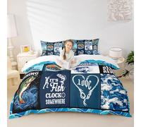 Go Fishing Kids Duvet Cover Set Queen Size,Bass Fish Hook Geometric Plaids Bedding Set,Boys Girls Adults Room Decor,Sea Waves Rustic Camper Comforter Cover,Blue Fashion Quilt Cover,2 Pillowcases