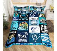 Go Fishing Kids Duvet Cover Set Single Size,Bass Fish Hook Geometric Plaids Bedding Set,Teens Adults Room Decor,Sea Waves Rustic Camper Comforter Cover,Blue Fashion Quilt Cover,1 Pillowcase