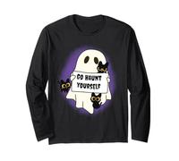 Go Haunt Yourself Ghost Holding Sign with Black Cats Long Sleeve T-Shirt