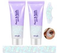 Go Ho 2 PCS Clear White Body Glitter Gel,Mermaid Fairy White Face Glitter Adhesive Chunky Glitter,Long Lasting Holographic Glitter Makeup,Face Gems for Festival Glitter,Rave Accessories