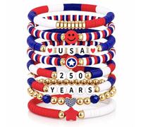 Go Ho 4th of July Outfits for Women: 8 Pack Patriotic Red White and Blue Beaded Stackable Stretch Bracelets Set with USA Letter,Star & Smile Charms,Fourth of July Decorations Accessories Shirts