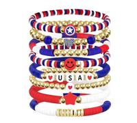 Go Ho 4th of July Outfits for Women: 8 Pack Patriotic Red White and Blue Beaded Stackable Stretch Bracelets Set with USA Letter,Star & Smile Charms,Fourth of July Decorations Accessories Shirts