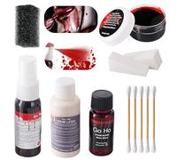 Go Ho Halloween Fake Blood and Liquid Latex Kit,Scars Wounds Burns Makeup,Fake Blood Spray for Clothes,Sticky Edible Blood,Coagulated Blood Gel and Sponges for Halloween Vampire Zombie SFX Makeup