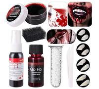 Go Ho Vampire Blood and Fangs Makeup Kit,4 Pairs Vampire Fangs Teeth 4 Size Fake Teeth,1 Fake Blood Spray,1 Stage Blood,1 Coagulated Blood Gel and 1 Sponges for Halloween Vampire Cosplay Makeup