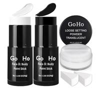 Go Ho White and Black Face Paint Stick with Setting Powder,2 PC White Sponges Set,Waterproof Full-coverage Face Body Paint for Halloween Costumes Clown Skeleton Vampire Skull Cosplay Makeup