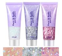 Go Ho White Pink Silver Body Glitter Set,3 Colors Face Glitter Gel,Holographic Long Lasting Chunky Sequins Glitters for Eye Lip Hair Nails,Festival Accessories