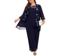 Go Mai Women's Plus Size Wedding Pant Suits 3 Piece Chiffon Party Outfit for Mother of The Groom Bride Evening Gowns, Blue, 16