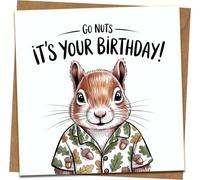 Go Nuts It's Your Birthday Squirrel Funny Birthday Card - 145mm x 145mm - Cute Animal Pun Design with Kraft Envelope - Humorous Greeting Card for Him Her Friends Men Women