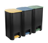 Go Practic Set of 3 Kitchen Bin 40L, Plastic Organiser to Rubbish Recycling, Trash Can, Office Bins, Waste Storage, Waste Containers with coloured lid, yellow, green, blue