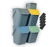 Go Practic Set of 4 Kitchen Bin 25L Plastic Organiser to Rubbish Recycling, Office Bins, Waste Storage, Waste Containers, grey yellow blue green + MINI BINI Grey 4.5L Can for Organic Trash + Filters
