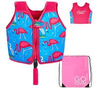 Go Swim Float Vest - Baby, Toddler & Kids Swim Vest for 1-6 Years- Fixed Buoyancy & Safety Strap. *Includes Free Swim bag* (Fab Flamingos, 1-3 Years/11-19kgs)