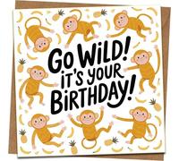 Go Wild It’s Your Birthday Monkey Greeting Card, Funny Square Design with Bananas & Pineapples, 145mm x 145mm, Blank Inside, Kraft Envelope Included, Cute Birthday Card for Kids and Adults