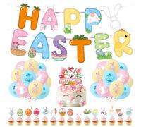 GoaePode 35Pcs Easter Eggs Rabbits Party Decorations, Big Set Includes HAPPY EASTER Banner Colorful Latex Balloons Cupcake Toppers Easter Cute Bunny Eggs Kids' Birthday Spring Home Party Favors