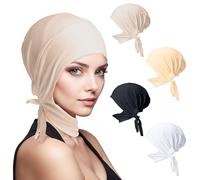 GoaePode Adjustable Muslim Hijab Undercap 4PCS Cotton Scarf Hat with Neck Strap, Secure Neck Band Anti-Slip, 4 Colors Stretch Underscarf for Women Islamic Head Cover (Black/White/Beige/Yellow)
