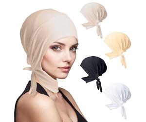 GoaePode Adjustable Muslim Hijab Undercap 4PCS Cotton Scarf Hat with Neck Strap, Secure Neck Band Anti-Slip, 4 Colors Stretch Underscarf for Women Islamic Head Cover (Black/White/Beige/Yellow)