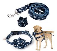 GoaePode Dog Harness Collar Lead Set with Bell, Adjustable Padded Vest, Floral Pattern Bow Tie & Leash, Strong Buckle for Small Medium Large Dogs, Blue, Size S