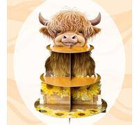 GoaePode Highland Cattle Cupcake Stand - 3 Tiers Birthday Party Cardboard Cupcake Holder, Cute Animal Floral Round Dessert Tower Party Supplies Cake Stands for Afternoon Tea Birthday Anniversary