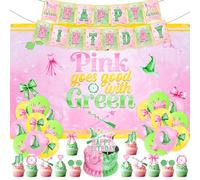GoaePode Witch Princess Party Decorations - 35PCS Pink & Green Themed Halloween Birthday Party Banner, Backdrop, Latex Balloons, Cake Topper & Sign for Girls Kids Movie Night Cosplay Table Decor