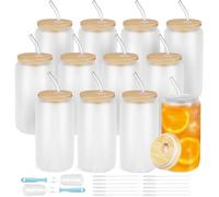 Goanueei 12 Pcs Frosted Glass Cups with Lids and Straws 16 oz Iced Coffee Cups Set, Reusable Beer Can Shaped Glass Tumbler, Drinking Glasses for Smoothies, Tea Water Matcha Cup, Juice, Soda, Cocktail