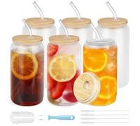 Goanueei 6 Pcs Frosted Glass Cups with Lids and Straws 16 oz Iced Coffee Cups Set, Reusable Beer Can Shaped Glass Tumbler, Drinking Glasses for Smoothies, Tea Water Matcha Cup, Juice, Soda, Cocktail