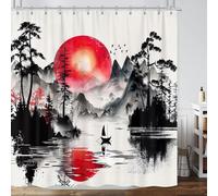 GOAOK Japanese Red and Black Forest Shower Curtain, Anime Mountain Tree Sun Aesthetic Shower Curtain Set, Cool Asian Dark Nature Landscape Ink Art Fabric Bathroom Decorative with 12 Hooks, 72"×72"