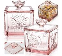 Goaste 2 Pack Glass Candy Dish with Lid, 440ml Embossed Clear Candy Jar, Decorative Crystal Covered Sugar Bowl, Vintage Jewelry Storage Trinket Box for Candy Buffet, Wedding, Home Decoration (Pink)