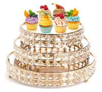 Goaste 3 Pack Crystal Cake Display Stand with Mirror, 14" 12" 10" Metal Pedestal Gold Round Cake Plate Stand, Dessert Cookies Fruit Serving Tray with Shining Crystal Beads for Wedding, Birthday Party