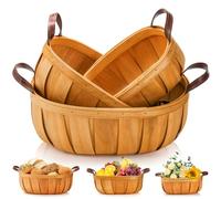 Goaste 3 Pack Wooden Bread Baskets, 3 Sizes Hand Woven Fruit Basket, Rustic Serving Basket Bowl with Handles, Decorative Picnic Basket Holder for Kitchen Counter, Vegetable, Egg, Snack