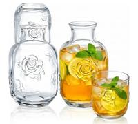 Goaste 4 Pcs Vintage Bedside Water Carafe Set with Tumbler, 500ml Nightstand Glass Juice Pitcher and 150ml Cup, Clear Embossed Mouthwash Decanter for Bedroom, Bathroom, Guest Room, Office
