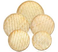 Goaste 5 Pack Round Bamboo Serving Trays, Decorative Flat Wicker Baskets, Handwoven Shallow Wicker Organizers for Food Storage, Fruit, Snacks, Kids DIY Drawing, Wall Hanging Decoration