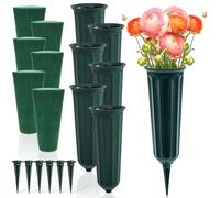 Goaste 6 Pack Cemetery Vases with Spikes, Memorial Floral Vases with Foam Inserts, Grave Flower Holder Cones for Outdoor Use, Lawn Headstone Graveside Decoration, Fresh or Artificial Flowers, Green